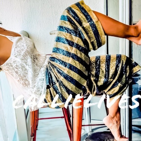 Callie Scotch Soda: Sequin Navy Blue Gold Horizontal Stripe Palazzo Pants - Picture 2 of 8